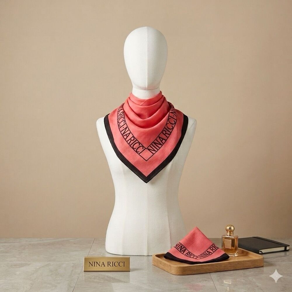 Nina Ricci Logo Square Scarf Pink Green Cotton 23"x23" Coastal Chic Parisian